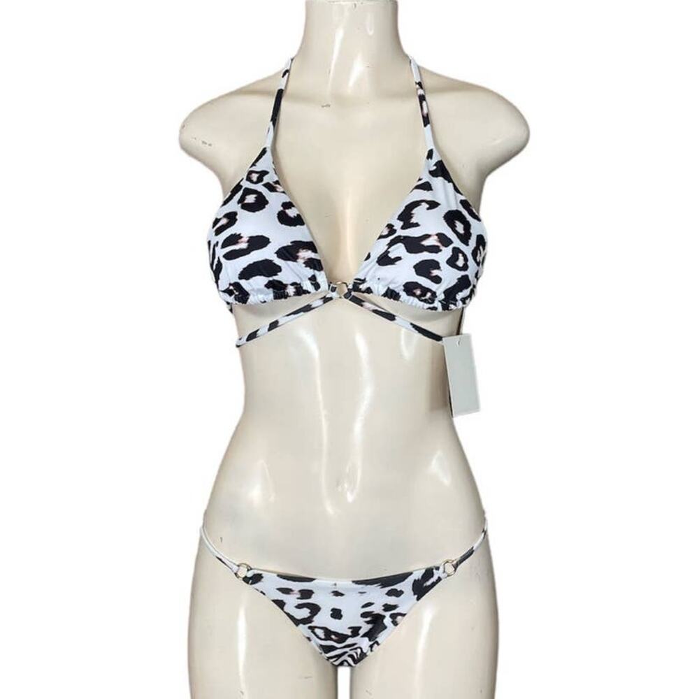 Plumeria Swimwear Ariel Cheetah Halter Bikini Top Cheeky Bottoms Size Large NWT